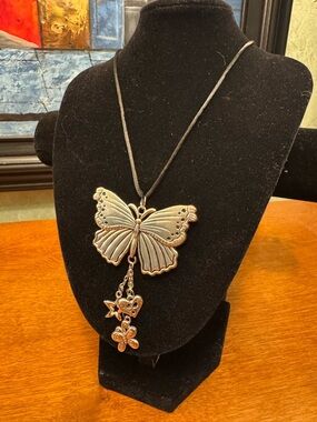 Double-Sided Butterfly Pendant Necklace with Charm Drops - Silver Tone